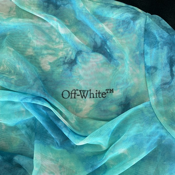 Off-white long sleeve tie-dye mesh dress in light blue. - Picture 4 of 5